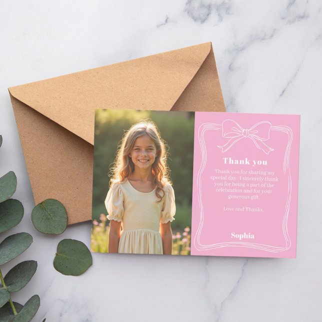 Carte De Remerciements Fille de photo rose d'anniversaire avec noeud (Créateur téléchargé)