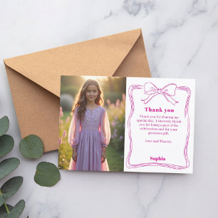Carte De Remerciements Fille de photo rose d'anniversaire avec un nœud bl