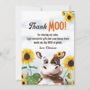 Carte De Remerciements Fille de Tournesol de vache premier anniversaire