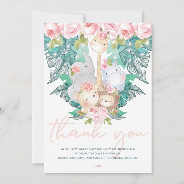 Carte De Remerciements Fille des animaux de la jungle Anniversaire (Devant)