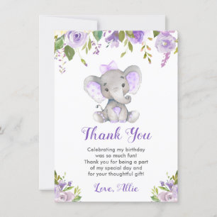Carte De Remerciements Fille Eléphant Violet Fête d'anniversaire Petit Ar