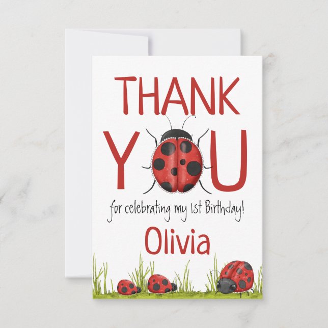 Carte De Remerciements Fille Ladybug 1ère fête d'anniversaire (Devant)