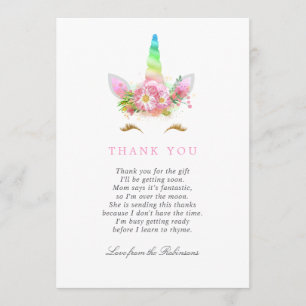 Carte De Remerciements Fille Licorne Arc-en-Ciel Floral Remerciement Baby