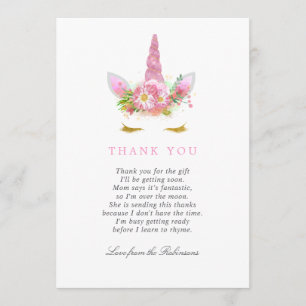 Carte De Remerciements Fille Licorne Florale Rose & Or Remerciement Baby