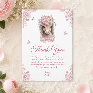 Carte De Remerciements Fille Mignonne Rose Floral Cheval Premier Annivers