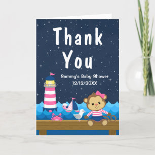 Carte De Remerciements Fille nautique singe rose et marine Baby Shower