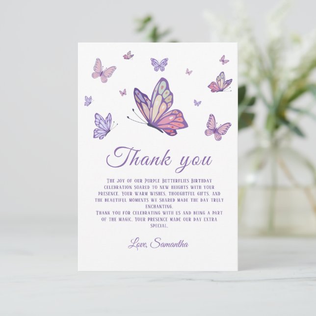 Carte De Remerciements Fille papillon pourpre Anniversaire (Debout devant)