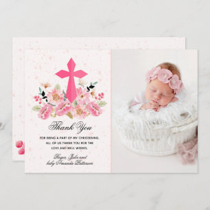 Carte De Remerciements Fille Photo Christening Aquarelle rose Floral