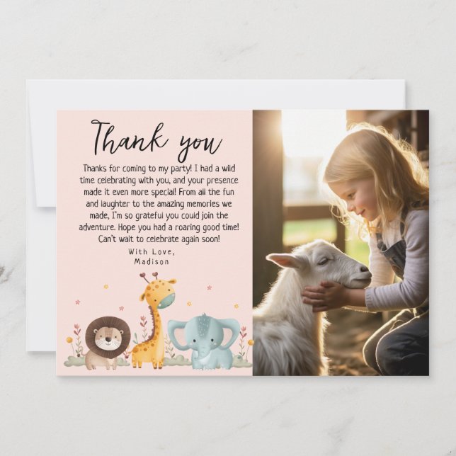Carte De Remerciements Fille Photo Party Animaux sauvages Anniversaire (Devant)