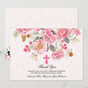 Carte De Remerciements Fille première communion aquarelle rose floral