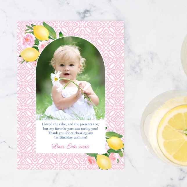Carte De Remerciements Fille Rose avec Citrus Citrons Photo Fête d'annive (Birthday party thank you with girly pink and white vintage tile print with photo in arch frame. )