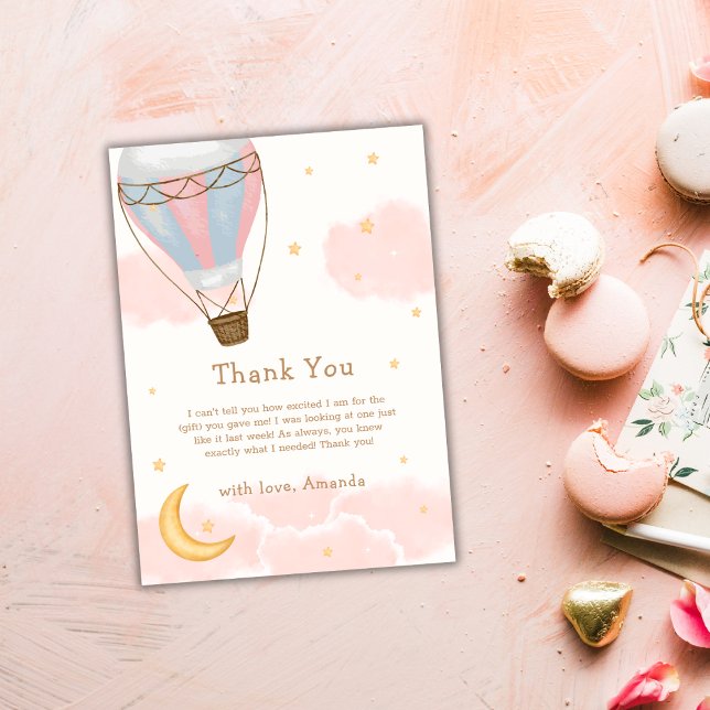 Carte De Remerciements Fille rose ballon à air chaud lune étoile Baby Sho (Pink Girl Hot Air Balloon Moon Star Baby Shower Thank You Card)