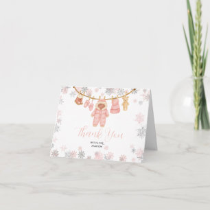 Carte De Remerciements Fille Rose Hiver Baby Shower Flocons de Neige Merc