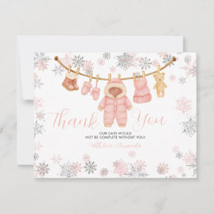 Carte De Remerciements Fille Rose Hiver Cadeau Baby Shower Flocons de Nei