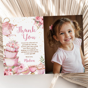 Carte De Remerciements Fille Rose & Or Floral Tea Party Anniversaire Phot
