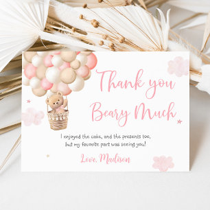 Carte De Remerciements Fille rose Teddy Boloons Ours Anniversaire
