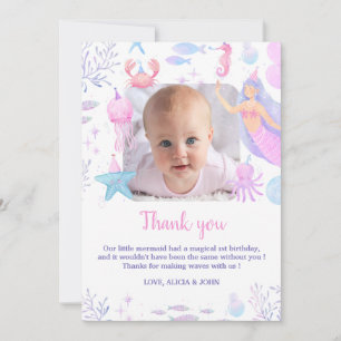 Carte De Remerciements Fille sous la mer 1er anniversaire Photo de sirène