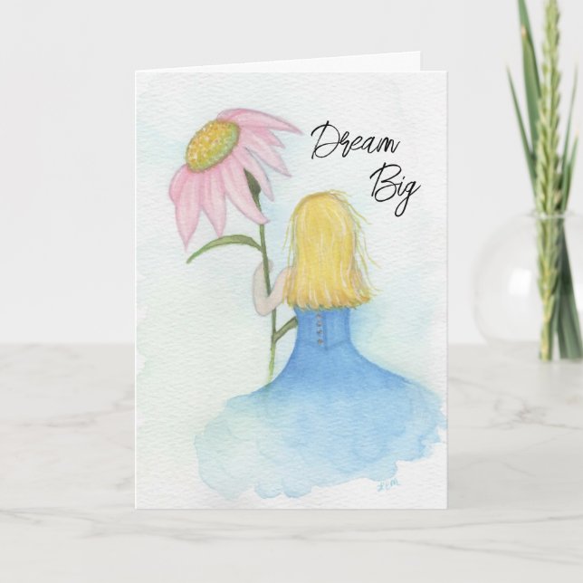 Carte De Remerciements Fille tenant une fleur rose géante "Dream Big" (Devant)