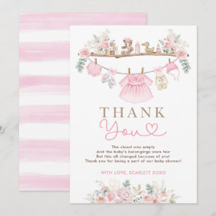 Carte De Remerciements Fille Vêtements de bébé rose Baby shower floral