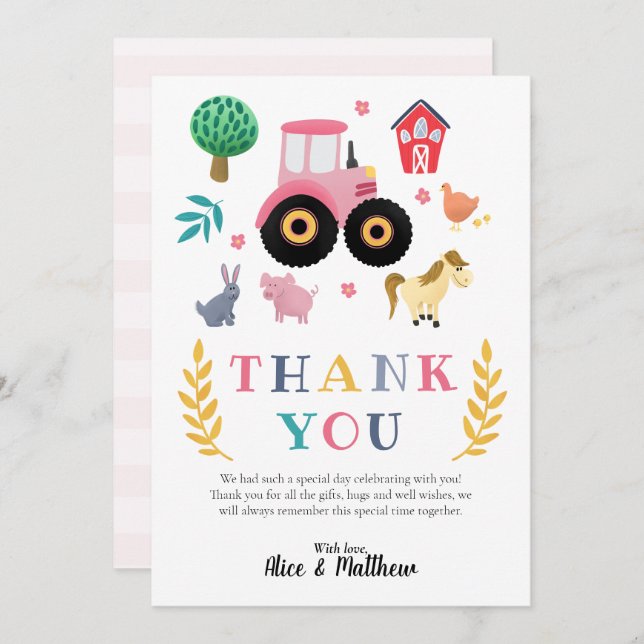 Carte De Remerciements Filles Animaux de ferme Baby shower de tracteur ro (Devant / Derrière)