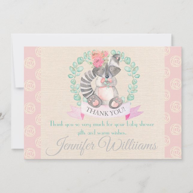 Carte De Remerciements Filles Aquarelle Floral Baby Raccoon Baby shower (Devant)
