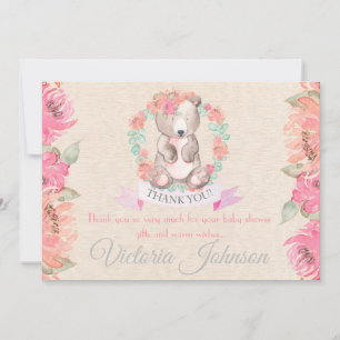 Carte De Remerciements Filles Aquarelle Floral Baby shower de l'ours bébé