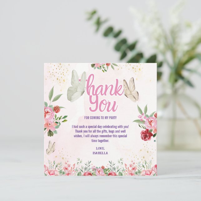 Carte De Remerciements Filles Mignon Rose Papillon Violet Enfants Anniver (Debout devant)