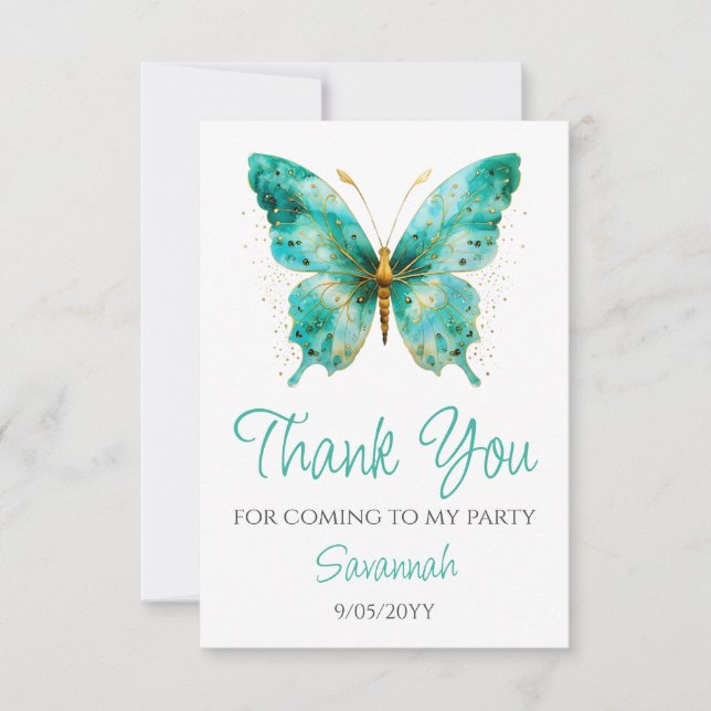 Carte De Remerciements Filles mignonnes papillon vert Turquoise 1er anniv (Devant)
