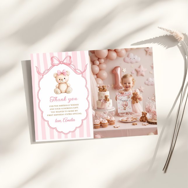Carte De Remerciements Filles Ourson Arc Rose Rayures 1er Anniversaire (Créateur téléchargé)