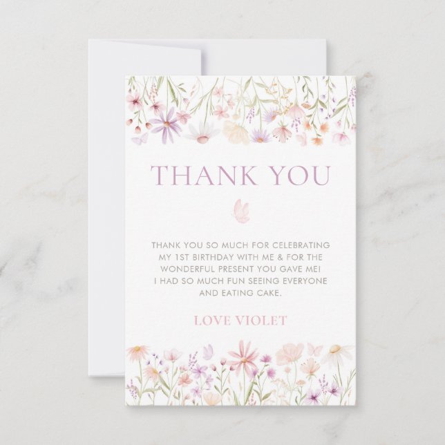 Carte De Remerciements Filles papillons fleurs sauvages 1er anniversaire (Devant)