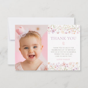 Carte De Remerciements Filles papillons fleurs sauvages 1er anniversaire