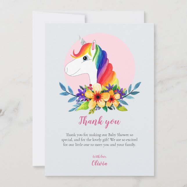 Carte De Remerciements Filles Rainbow moderne Baby shower Unicorn Fleurs (Devant)