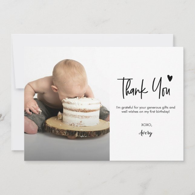 Carte De Remerciements First Birthday Baby Photo Modern heart Script (Devant)