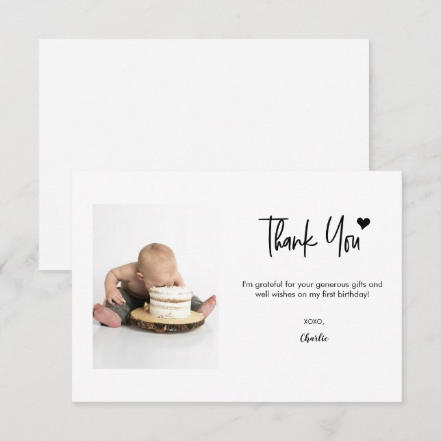 Carte De Remerciements First Birthday Custom Photo Modern script note  (Devant / Derrière)