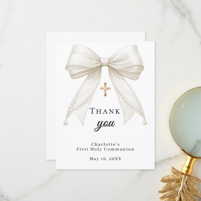 Carte De Remerciements First Communion bow white ivory pearls (Devant/Arrière en situation)