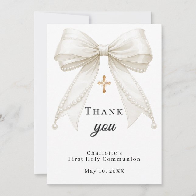 Carte De Remerciements First Communion bow white ivory pearls (Devant)