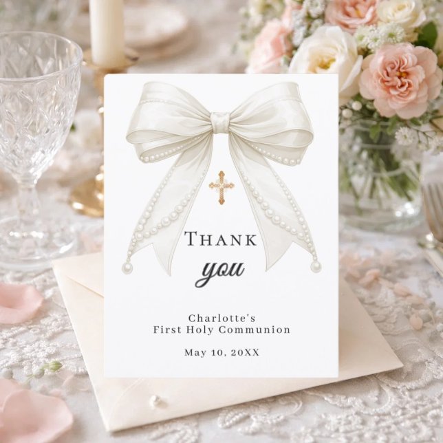Carte De Remerciements First Communion bow white ivory pearls (Créateur téléchargé)