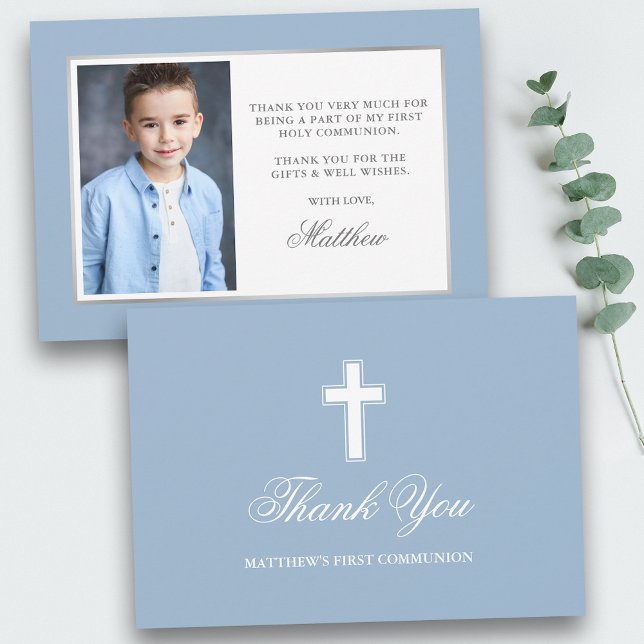 Carte De Remerciements First Holy Communion Light Blue Photo (Customize to change text size, color or text style.)