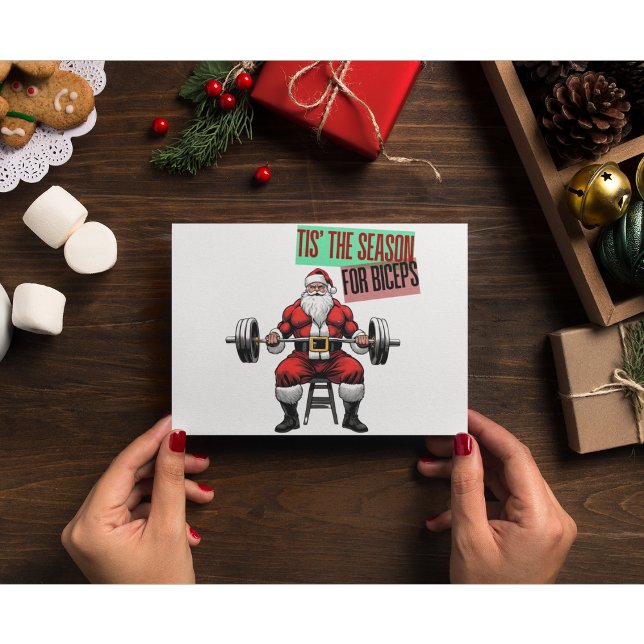 Carte De Remerciements Fitness amusant Noël Bicep Curls Barbell Père Noël (Fitness Santa Bicep Curl Christmas Card Quote)