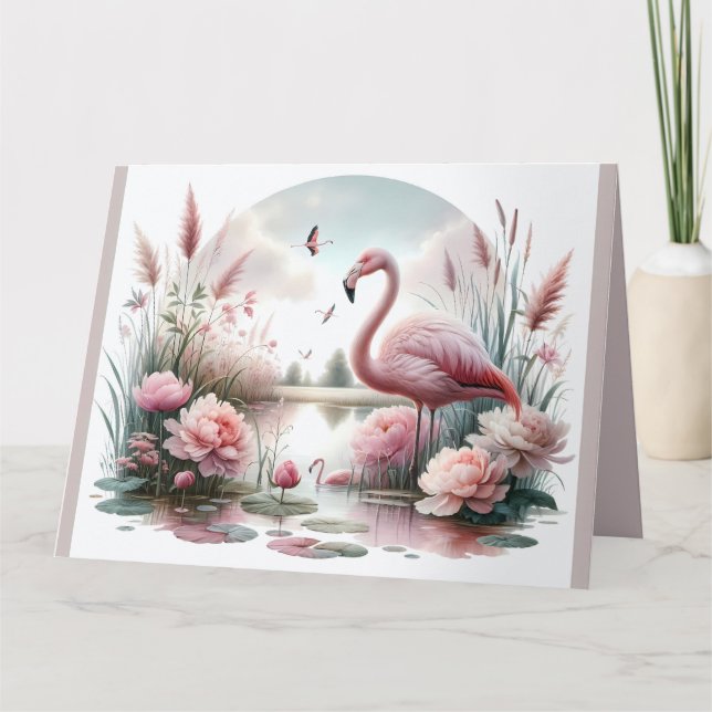 Carte De Remerciements Flamant rose en Pastel Pond Floral Scene (Devant)