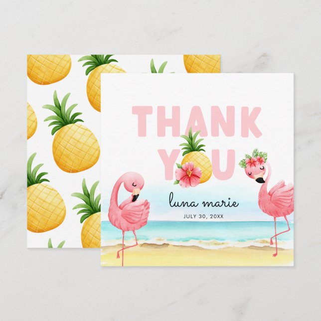 Carte De Remerciements Flamant rose rose d'été tropical Anniversaire plat (Devant / Derrière)