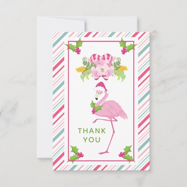 Carte De Remerciements Flamant rose rose Sucres de canne Santa Hat et Hol (Devant)