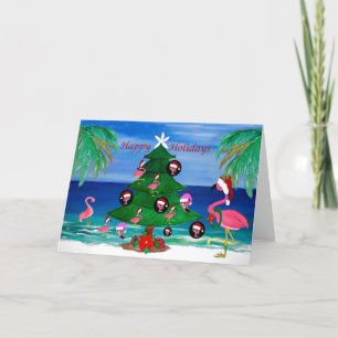 Carte De Remerciements Flamants de Noël taillent un arbre Message de vaca