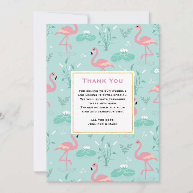Carte De Remerciements Flamants roses rose Pastel sur Mariage Motif vert (Devant)