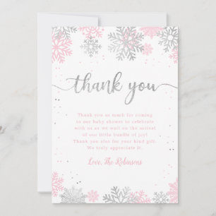 Carte De Remerciements Flammes De Neige D'Hiver Baby shower Fille Rose Et