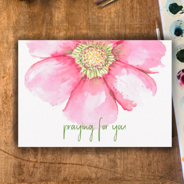 Carte De Remerciements Fleur aquarelle peinte à la main | Priez Pour Vous (“Praying for you” custom text card. Original hand painted blush floral watercolor encouraging card.
)