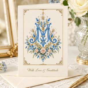 Carte De Remerciements Fleur bleue monogramme marian catholique