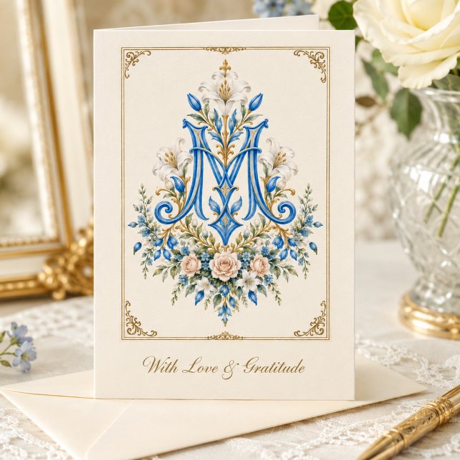 Carte De Remerciements Fleur bleue monogramme marian catholique  (Créateur téléchargé)