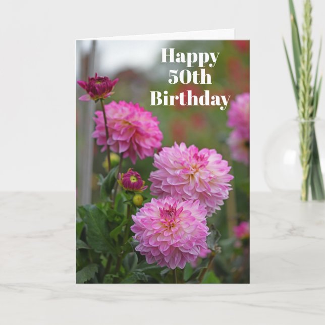 Carte De Remerciements Fleur Dahlia rose et blanc Joyeux 50e anniversaire (Devant)
