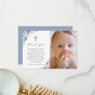 Carte De Remerciements Fleur de baptême de photo de bébé bleu poussiéreux